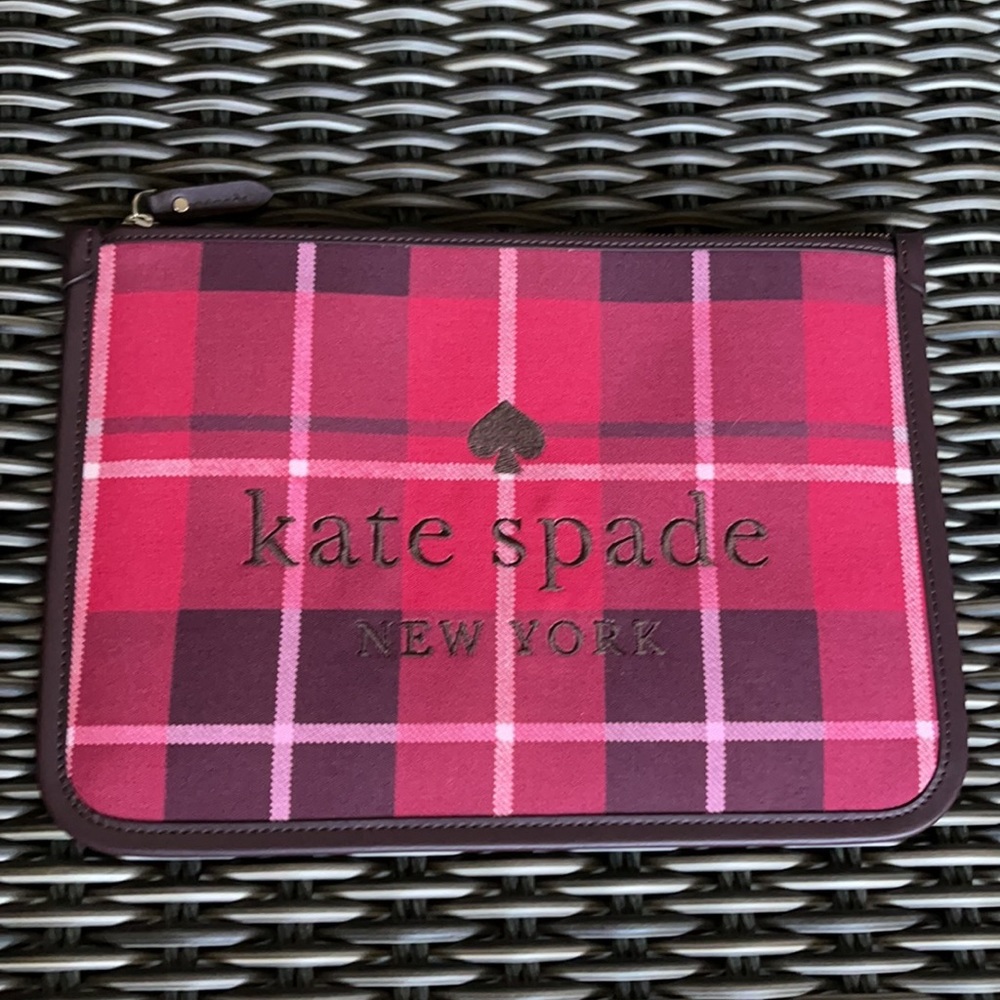 Kate Spade Ella Plaid Bright Rose Large Zip Pouch Clutch - Picture 16 of 16